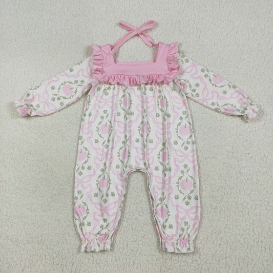 Baby Girl Long Sleeves Pink Ruffle Pumpkin Bows Buttons Romper RTS