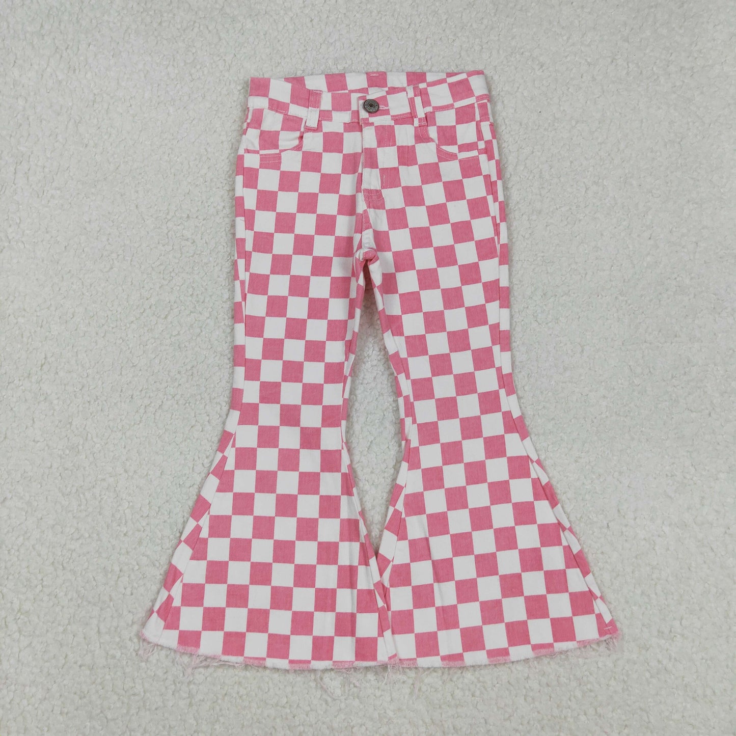 Girls Kids Pink Checkered Denim Jeans Bell Pants RTS