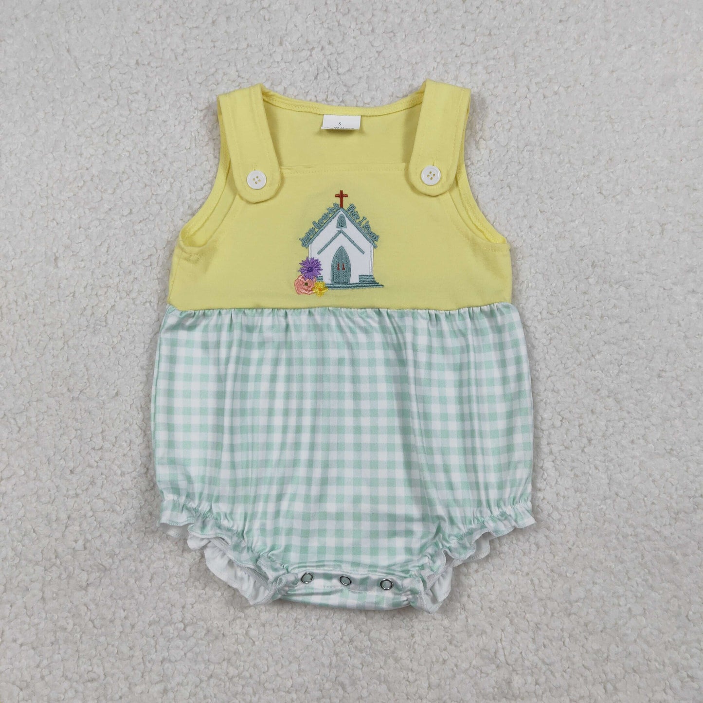 Baby Boys Sleeveless Embroidery Cross Jesus Plaid Easter Plaid Bubble Romper RTS