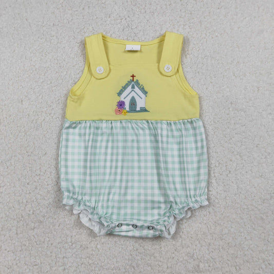 Baby Girls Infant Sleeveless Embroidery Cross Jesus Plaid Easter Plaid Bubble Romper RTS