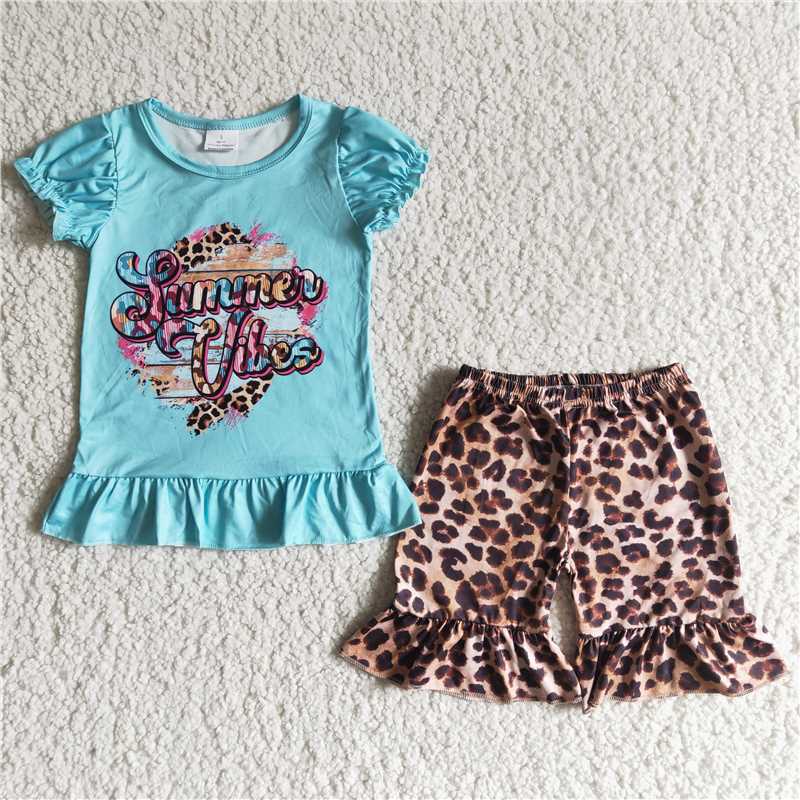 Promotion Baby Girl Summer Blue Shirt Leopard Ruffle Shorts Outfit RTS