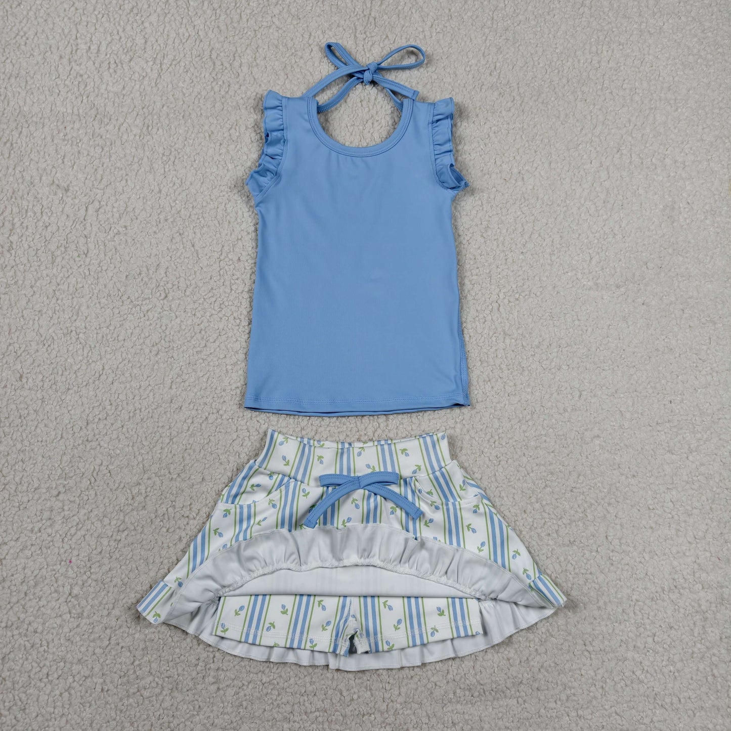 Baby Girls Kids Blue Scallop Tops Floral Pockets Skirt Shorts Yoga Summer Set RTS