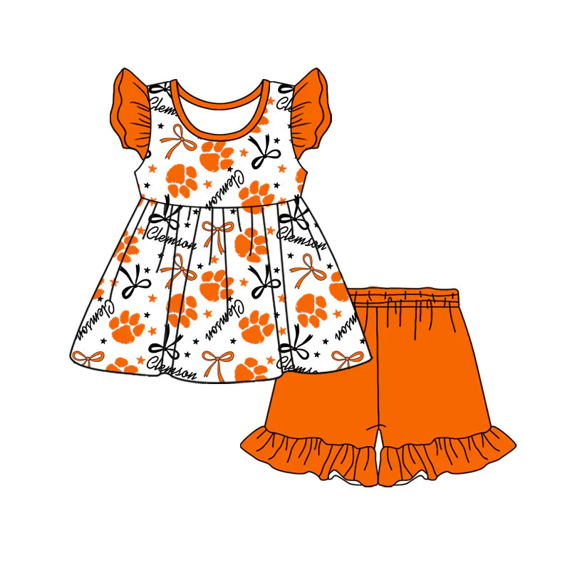 Baby Girl Short Sleeves Bows Tunic Orange Shorts Team Clothes Set ( Moq 5 )