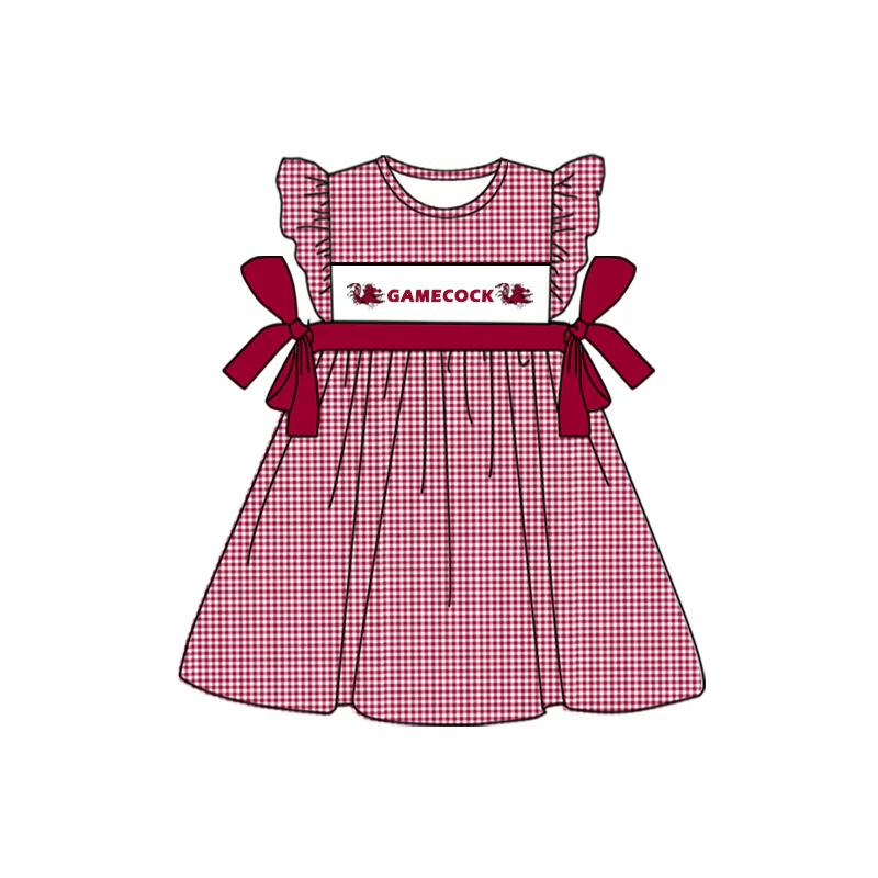 Baby Girl Short Sleeves Plaid Red Bows Team Knee Length Dress ( Moq 5 )