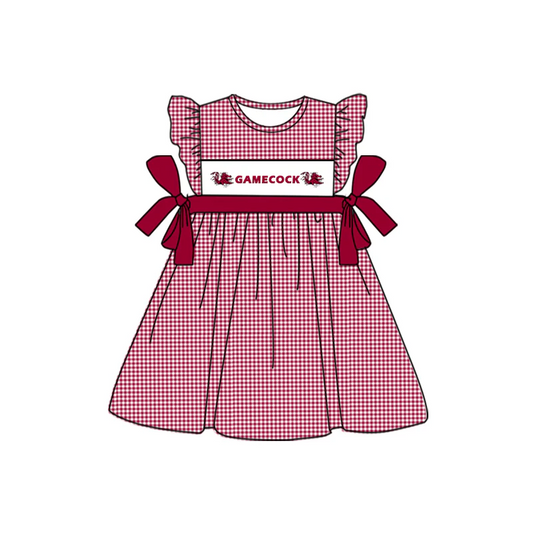 Baby Girl Short Sleeves Plaid Red Bows Team Knee Length Dress ( Moq 5 )