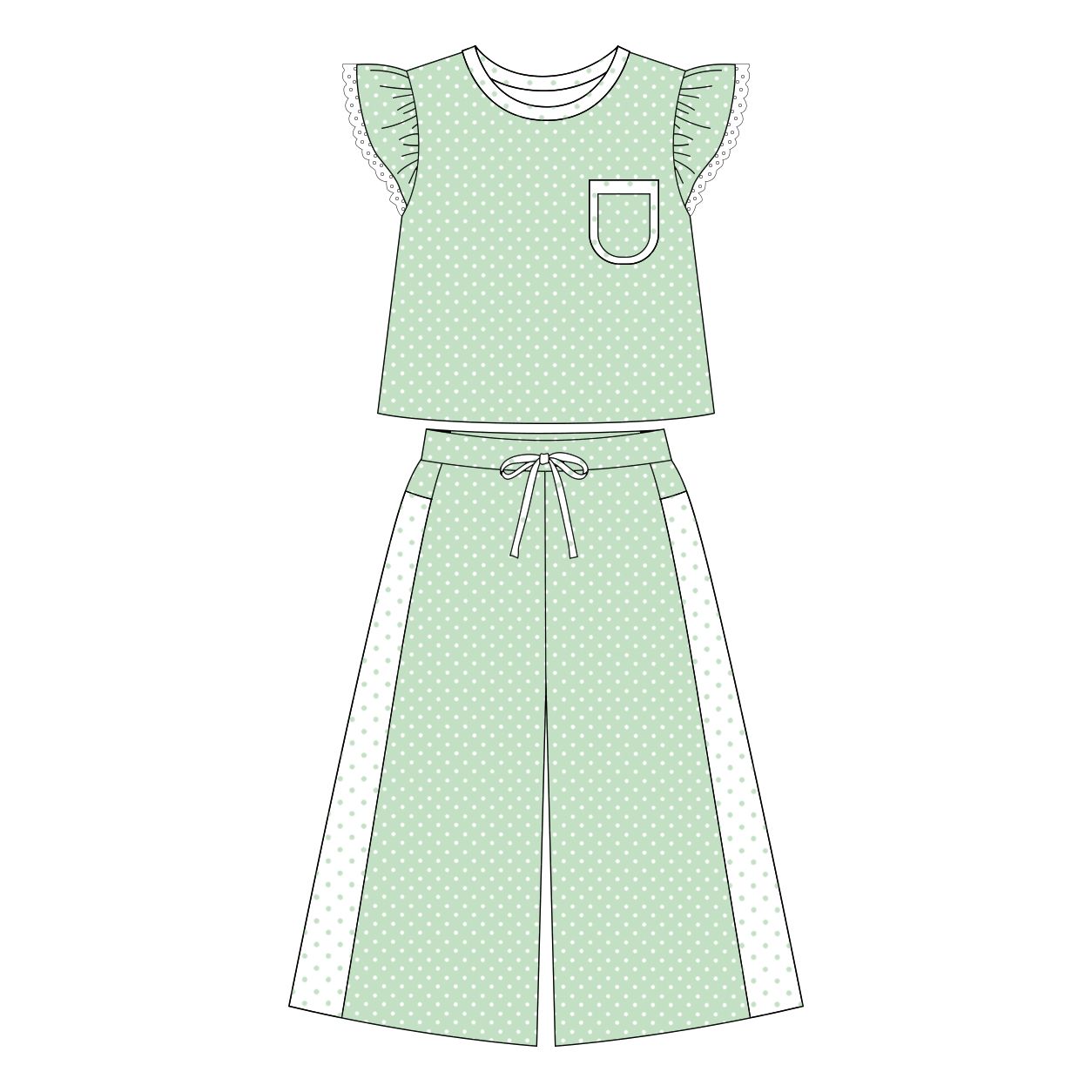 ( Moq 5 ) Preorder Baby Girl Kids Short Sleeves Pocket Shirt Dots Pants Green Set Clothes