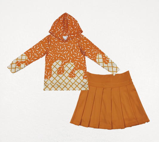 Baby Girl Long Sleeves Drips Hoodie Shirt Orange Yoga Active Skort Team Set RTS