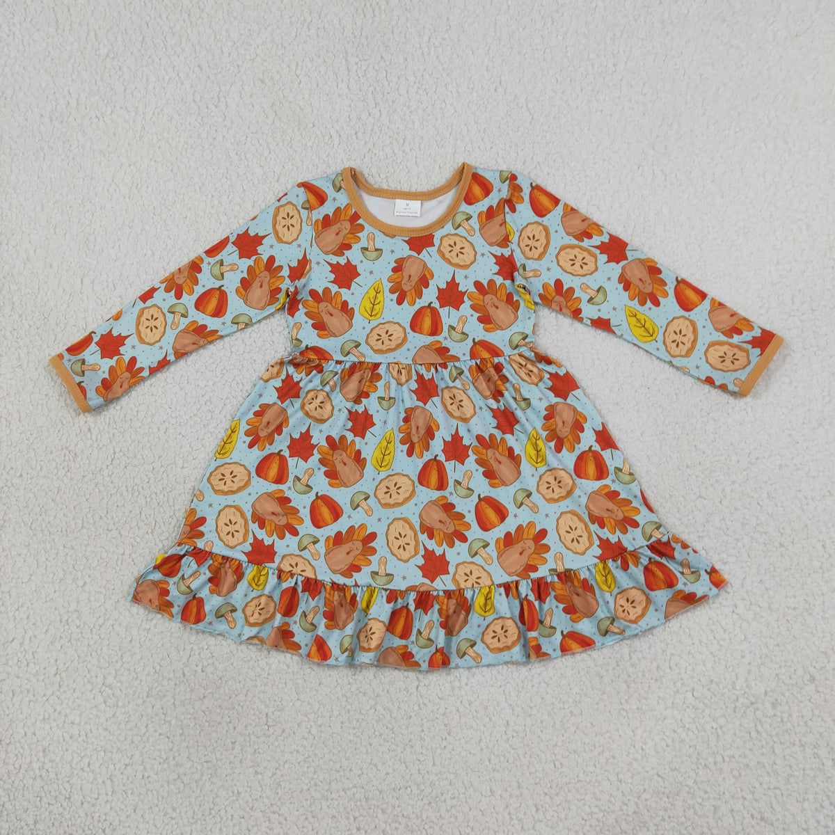 Baby Girls Kids Long Sleeves Pumpkins turkey Thanksgiving Knee Length Dress RTS