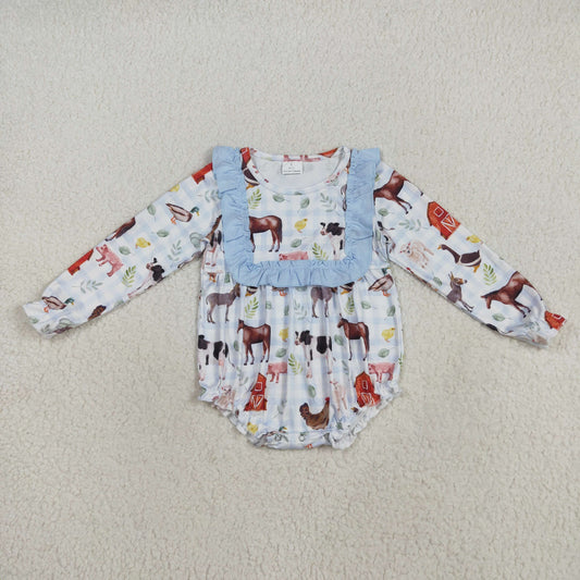 Baby Girl Long Sleeves Farm Animals Blue Ruffle Bubble Romper RTS