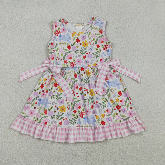 Baby Girls Rabbits Flower Bows Easter Plaid Ruffle Knee Length Dress RTS