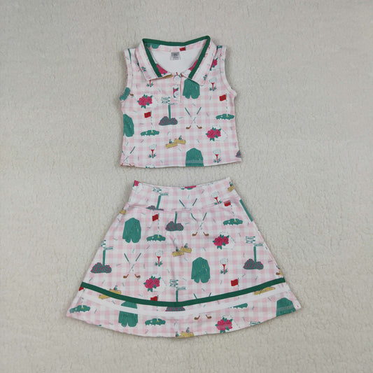 Baby Girls Sleeveless Golf Plaid Tops Shorts Skirt Yoga Pink Clothes Set RTS