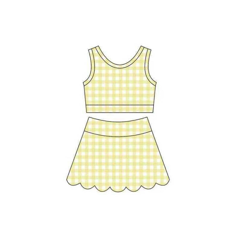 ( Moq 5 ) Preorder Baby Girls Kids Yellow Plaid Shirt Scallop Skirt Shorts Yoga Active Set Clothes