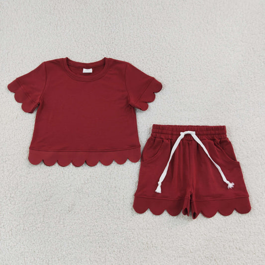 Baby Girls Kids Short Sleeves Dark Red Shirt Pockets Shorts Scallop Set Cotton Clothes RTS