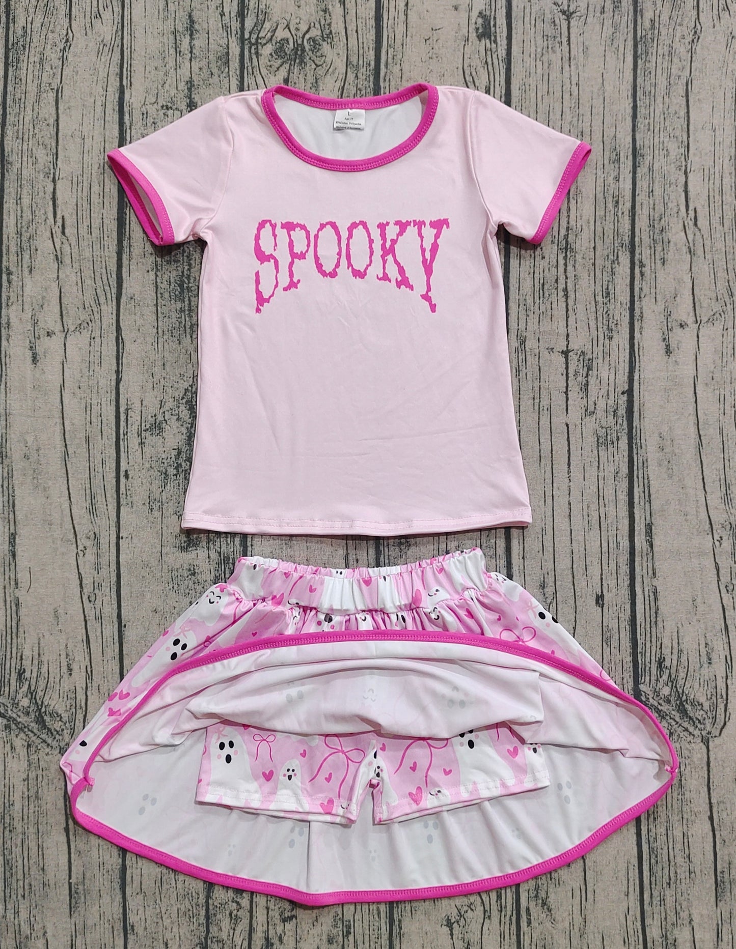 Baby Girl Short Sleeves Spooky Shirt Ghost Bows Hearts Skorts Halloween Pink Set RTS