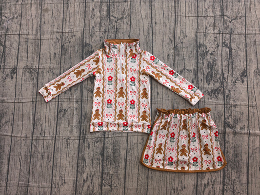 ( No moq ) Preorder Baby Girls Kids Gingerbread Flower Bows Zipper Shirt Skirt Shorts Christmas Set Clothes