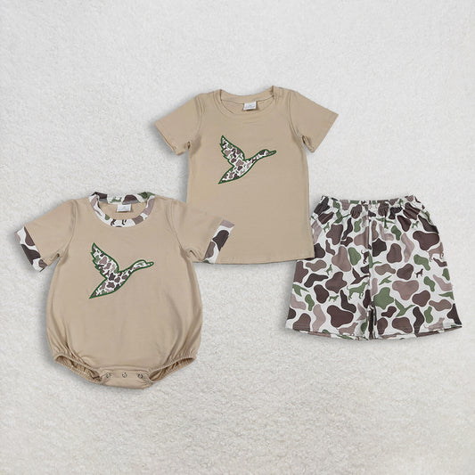 Sibling Baby Boys Short Sleeves Embroidery Ducks Camo Print Dogs Hunting Romper Set RTS