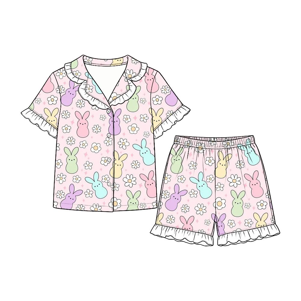 ( Moq 5 ) Preorder Baby Girls Kids Short Sleeves Rabbits Flower Buttons Shirt Shorts Set Pajamas Clothes