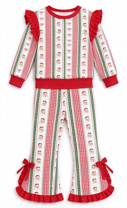 ( Moq 5 ) Preorder Baby Girls Kids Santa Bows Shirt Ruffle Pants Set Christmas Clothes