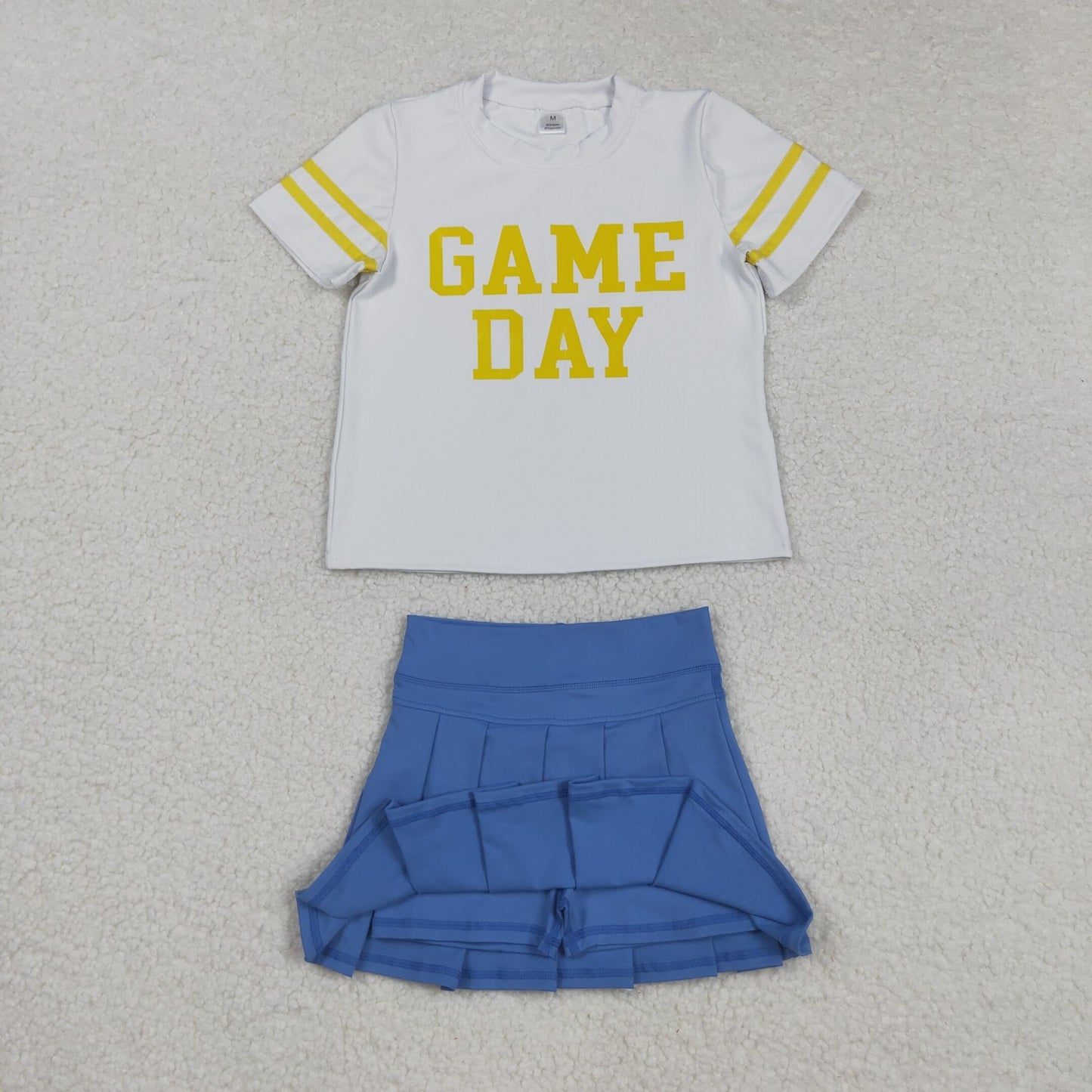 Toddler Girls Short Sleeves Game Day Vinyl Shirt Blue Yoga Active Skort Team Cheer Set RTS