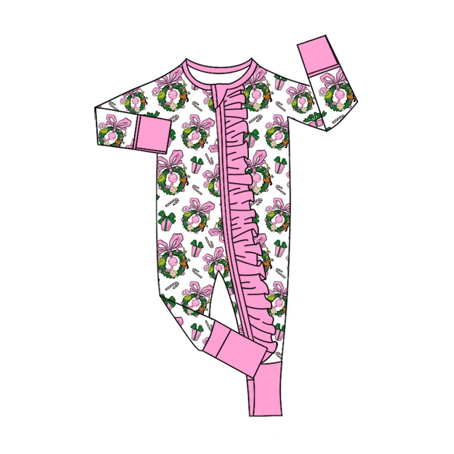 ( Moq 5 ) Preorder Baby Girls Kids Christmas Green Face Bows Zipper Sleeper Footie Romper Clothes