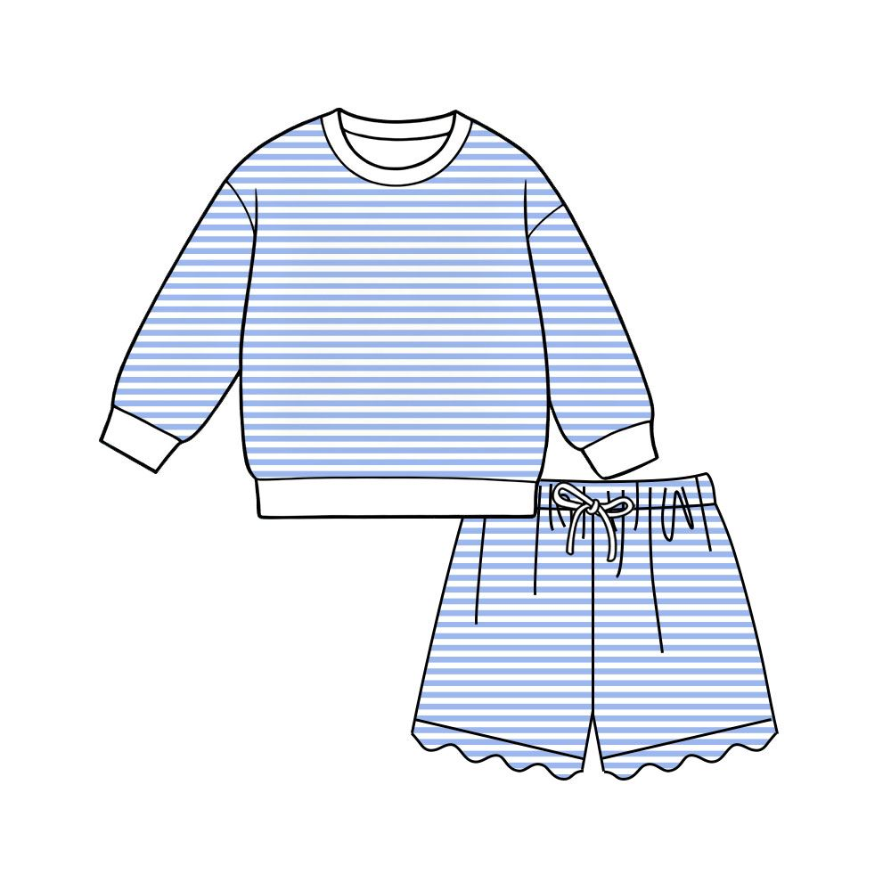 ( Moq 5 ) Preorder Adult Women Long Sleeves Shirt Blue Stripes Scallop Shorts Yoga Active Set