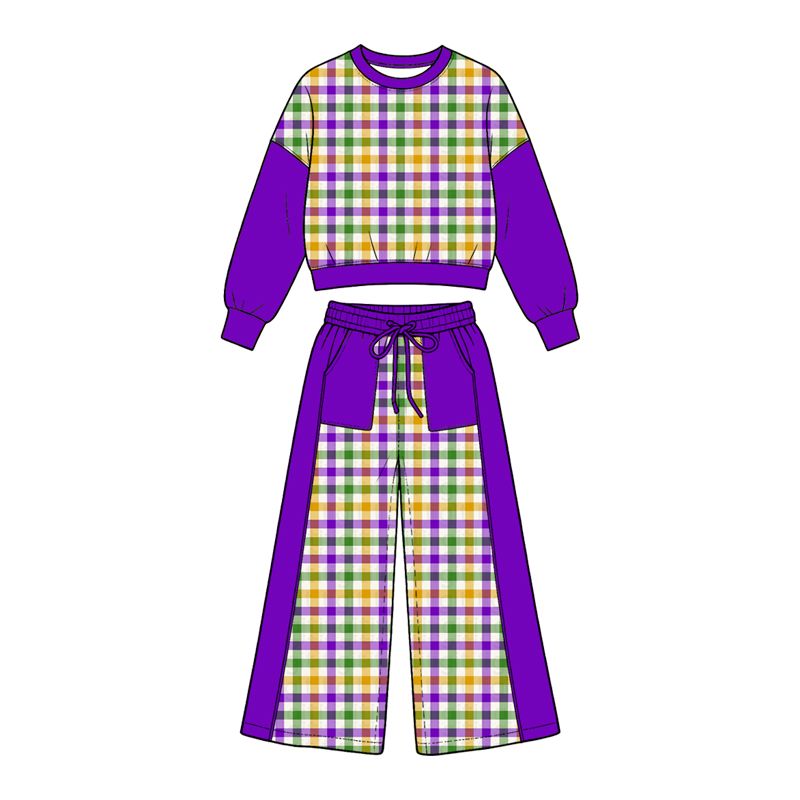 ( Moq 5 ) Preorder Baby Girls Kids Plaid Shirt Pockets Pants Mardi Gras Set Purple Clothes