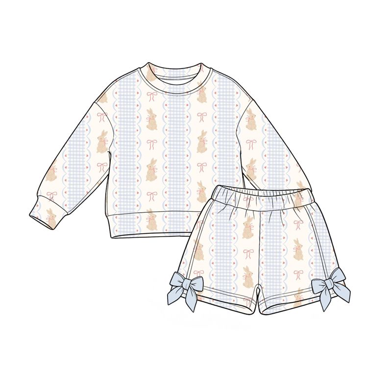 ( Moq 5 ) Preorder Baby Girls Kids Long Sleeves Rabbits Shirt Bows Shorts Set Easter Clothes