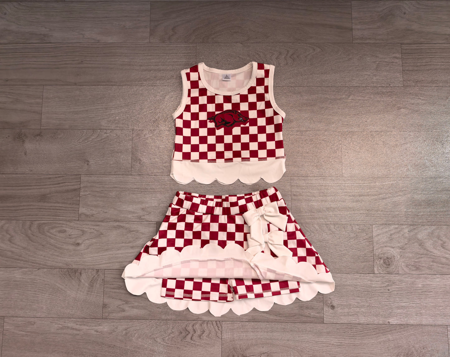 ( No moq ) Preorder Baby Girls Kids Pig Checked Shirt Scallop Bows Skirt Shorts Team Set Yoga Active Clothes