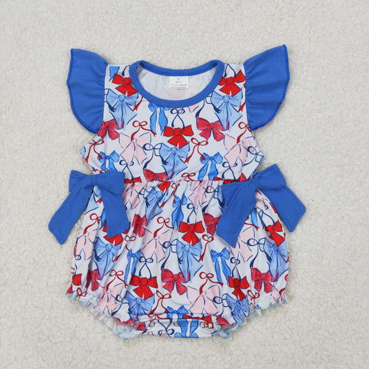 Baby Girl Infant Short Sleeves Bows 4th Of July Bubble Romper RTS