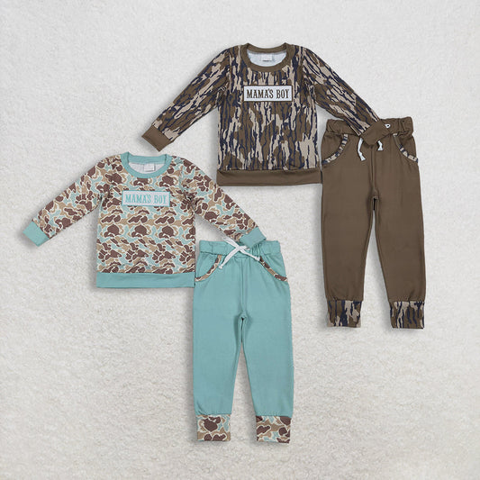 Sibling Baby Boys Kids Long Sleeves Embroidery Mama's Boy Camo Shirt Pockets Pants Sets RTS