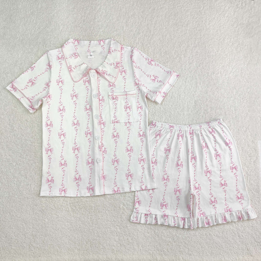 Adult Women Short Sleeves Pink Bows Lapel Buttons Shirt Shorts Pajamas Set