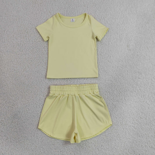 Baby Girls Kids Short Sleeves Yellow Shirt Skirt Shorts Yoga Active Set Clothes RTS