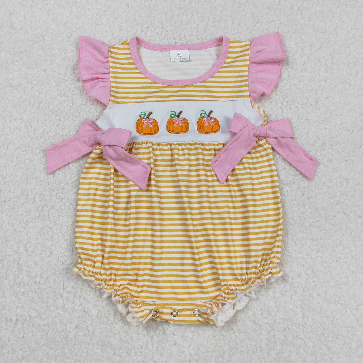Girls Kids Infant Short Sleeves Embroidery Pumpkins Bows Strips Thanksgiving Bubble Romper RTS