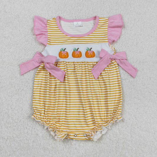 Girls Kids Infant Short Sleeves Embroidery Pumpkins Bows Strips Thanksgiving Bubble Romper RTS