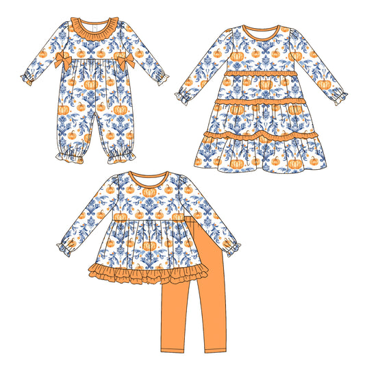 ( Moq 5 Each Style ) Sibling Baby Girls Kids Long Sleeves Pumpkins Flower Romper Dress Set Fall Clothes