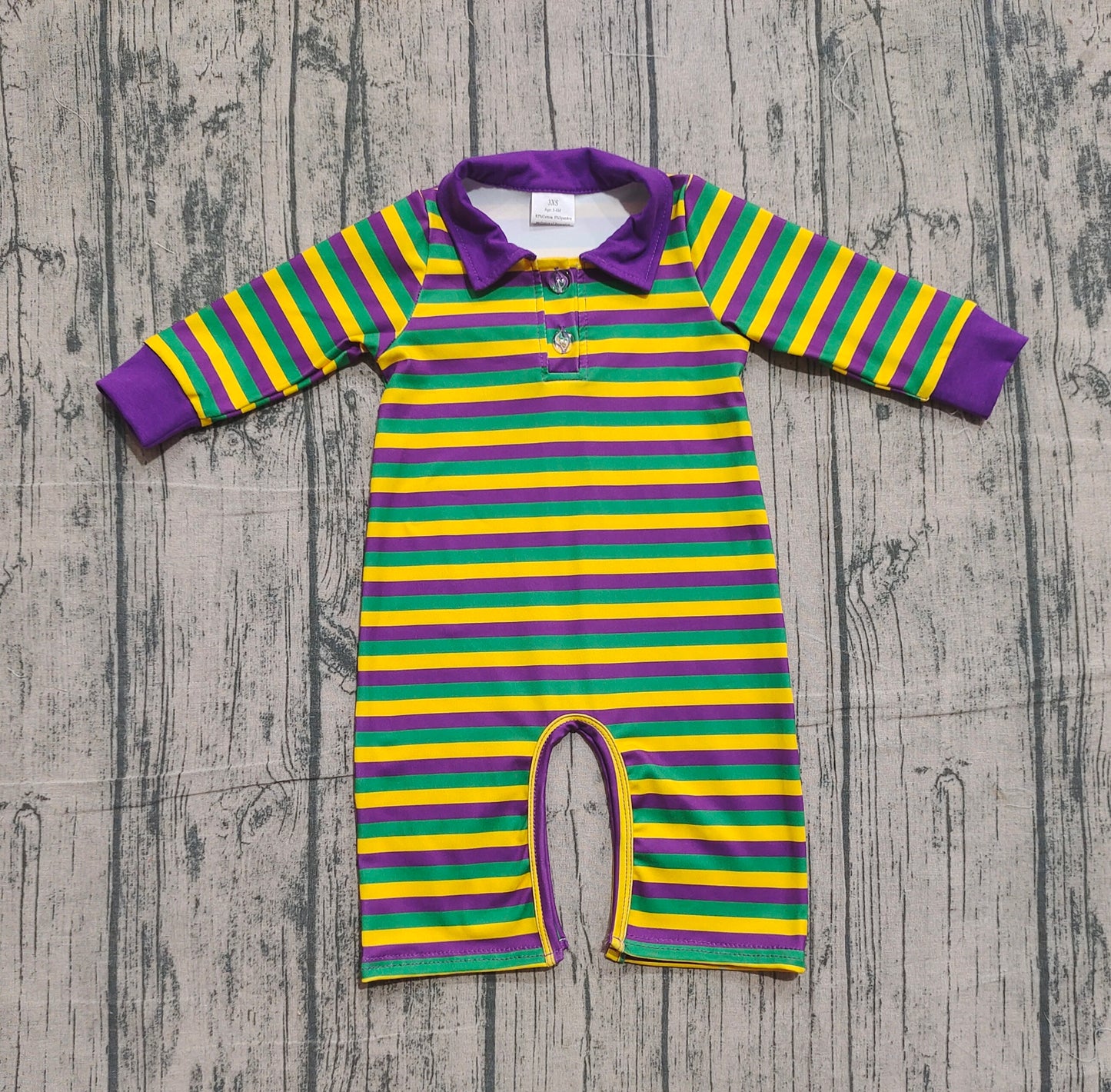 Baby Boys Infant Strips Long Sleeves Mardi Gras Buttons Romper RTS