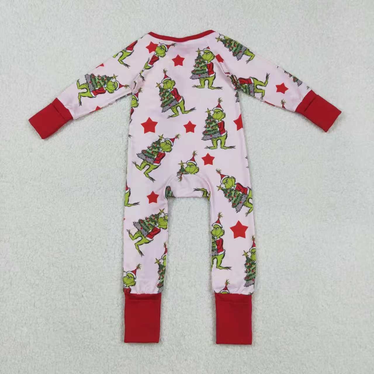 Girls Kids Green Face Stars Sibling Christmas Pajamas Dress Zipper Footie Romper Set Pink Clothes RTS