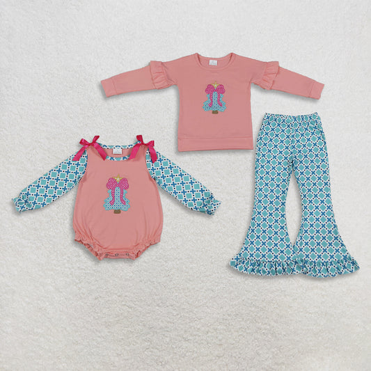 Sibling Baby Girls Kids Long Sleeves Embroidery Bows Tree Romper Set Christmas Clothes RTS