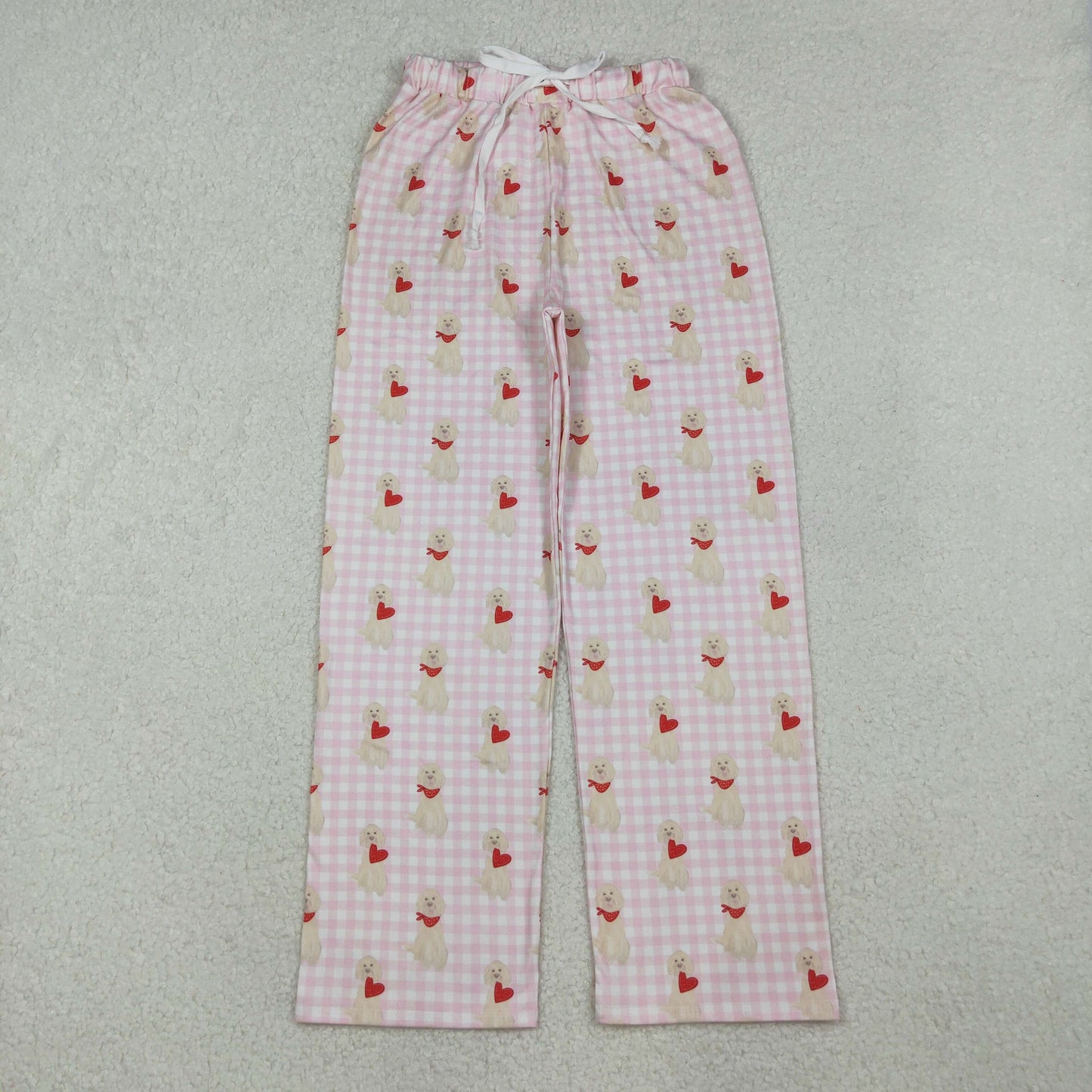 Adult Woman Dogs Hearts Plaid Valentine's Day Pink Pajamas Pants RTS