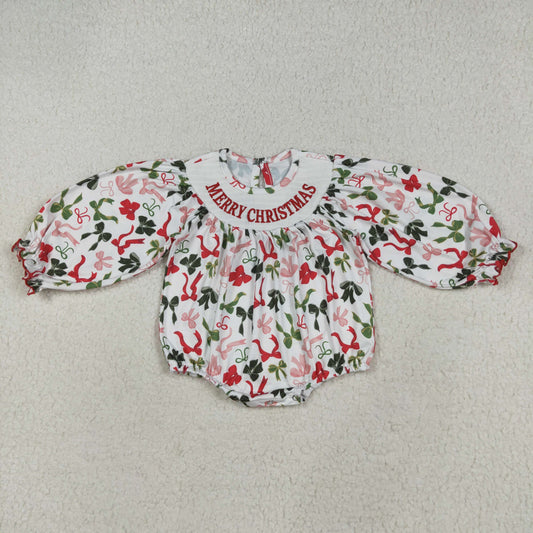 Baby Girl Long Sleeves Embroidery Merry Christmas Bows Bubble Smocked Romper RTS