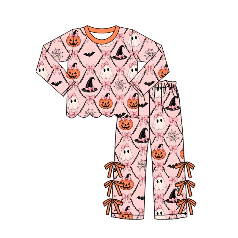 ( Moq 5 ) Preorder Baby Girls Kids Halloween Ghosts Pumpkins Bows Scallop Shirt Pants Set Clothes