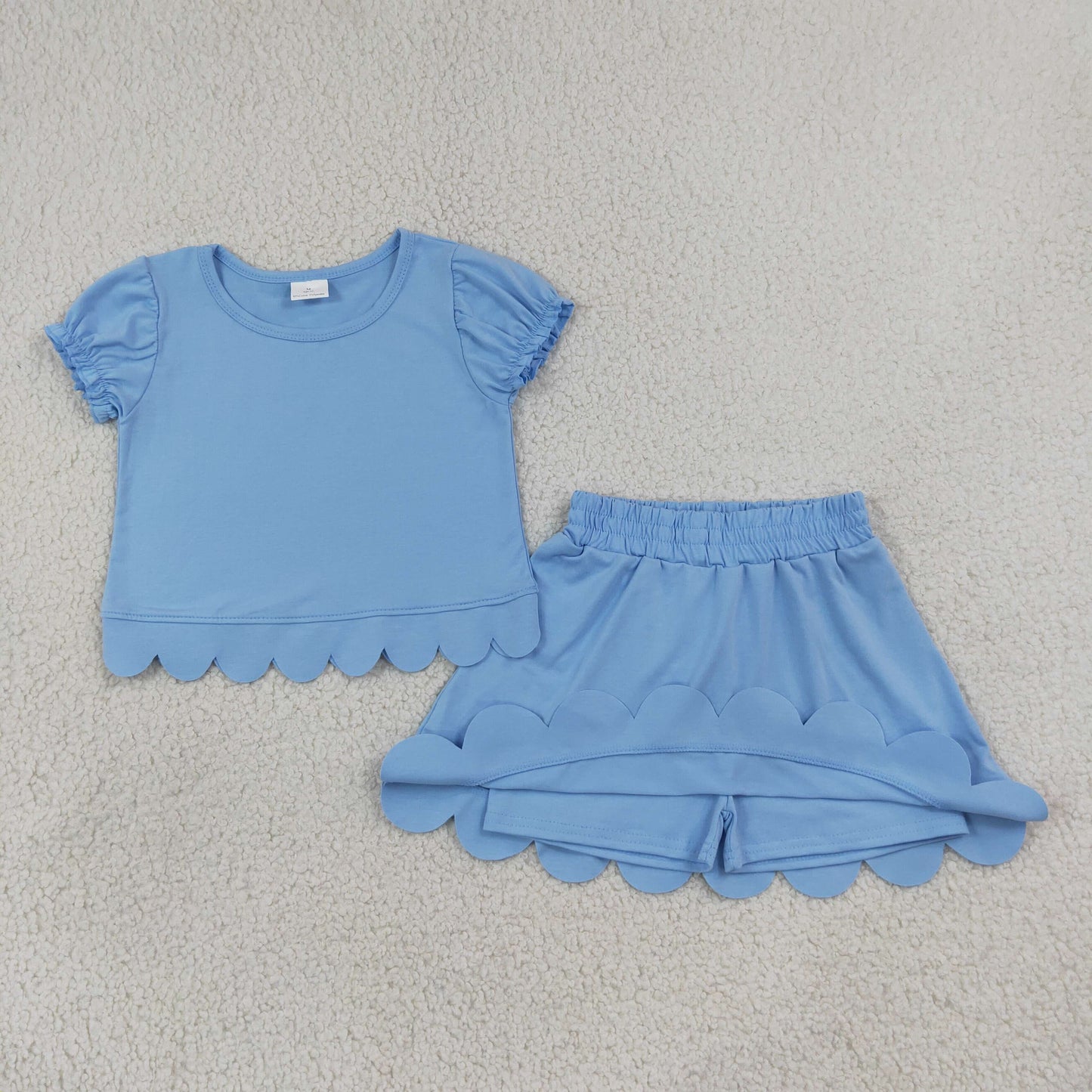 Baby Girls Kids Short Sleeves Blue Shirt Scallop Skirt Shorts Set Clothes RTS
