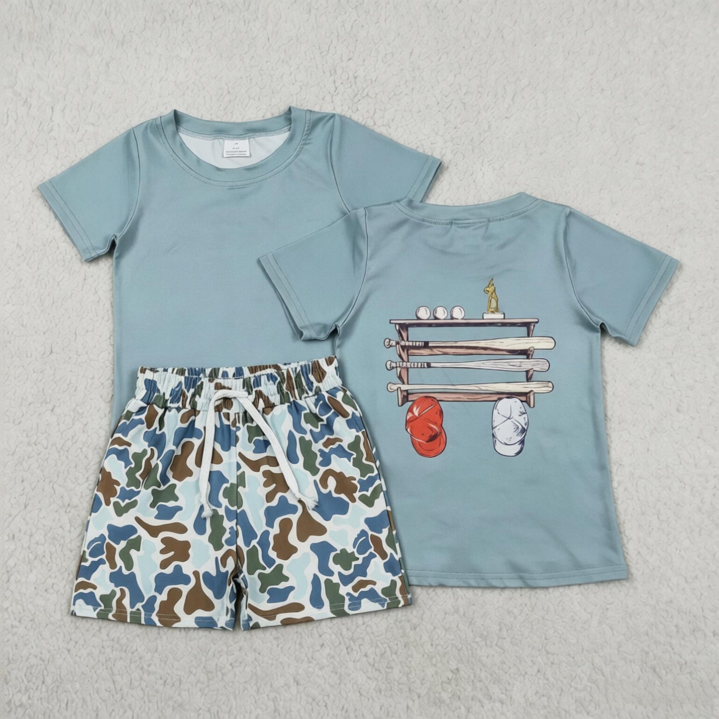 Baby Boys Kids Green Short Sleeves Baseball Shirt Camo Pockets Shorts Set RTS