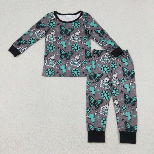 Baby Girls Kids Long Sleeves Western Cow Print Turquoises Shirt Pants Pajamas Set RTS