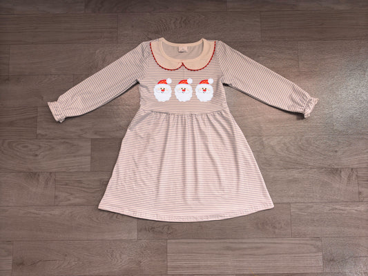 ( No moq ) Preorder Baby Girls Kids Embroidery Santa Christmas Blue Stripes Dress Clothes