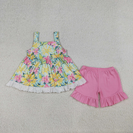 Baby Girls Kids Strap Colorful Flowers Ruffle Tunic Shorts Clothes Set RTS