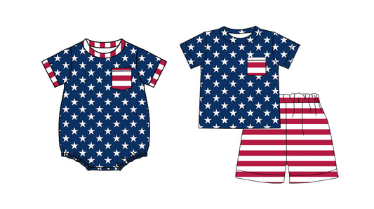 ( Moq 5 Each Style ) Sibling Baby Boys Kids Short Sleeves Stars Shirt Shorts 4th of July Set Romper
