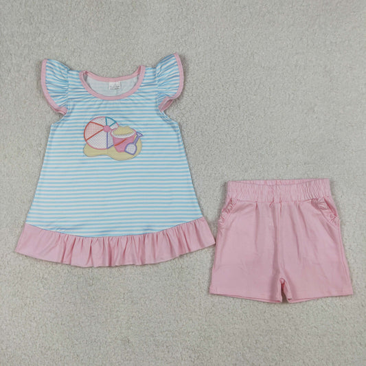 Baby Girls Short Sleeves Embroidery Ball Beach Stripes Tops Pink Shorts Clothes Set RTS