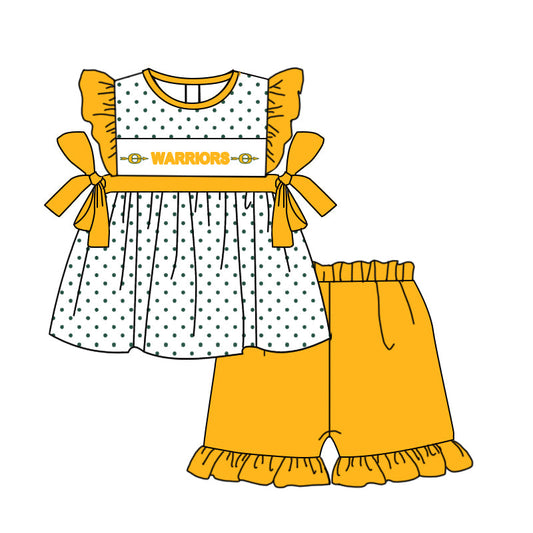 Baby Girl Short Sleeves Team Bows Tunic Yellow Ruffle Shorts Set ( Moq 5 )
