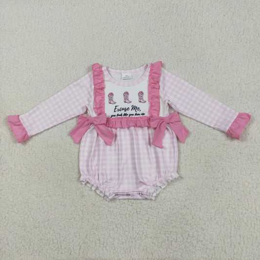 Baby Girl Infant Long Sleeves Western Boots Bows Pink Plaid Romper RTS